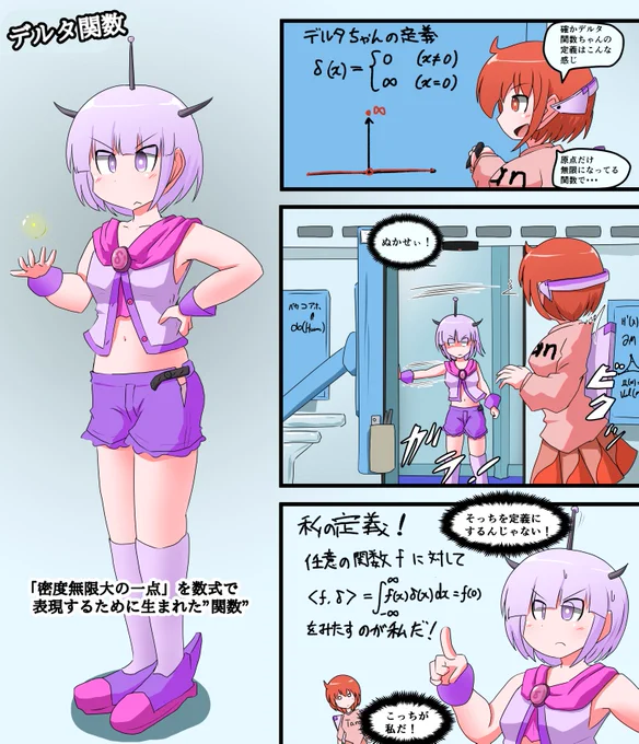 ディラックのデルタ関数を描きました.
たまに δ(0)=∞ を定義にしてるテキストがあるので混乱しないように注意しよう.(関数族の極限として δ を理解していれば問題ない)
補足:関数の拡張として(シュワルツ)超関数があり,超関数の拡張として佐藤超関数があります. 