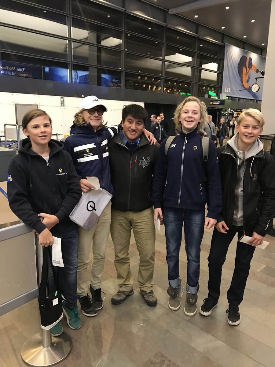 KSSS_Official's tweet photo. Team KSSS Optimist före avgång till Monaco. Från vänster Melker, Oscar, Ton (coach), Hugo och Calle. https://t.co/3Wbl8K87zP
