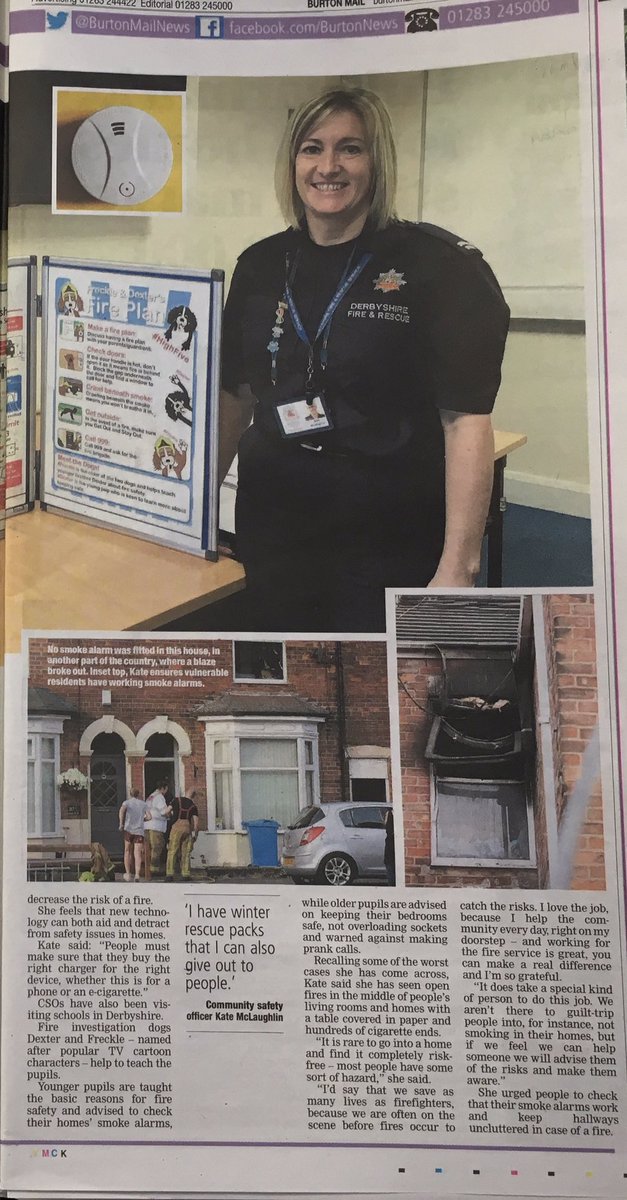 DerbyshireFRS's tweet photo. Our very own #CSO_Kate has been chatting to the Burton Mail about her role as a CSO based in #Swadlincote & how the job has changed in the nine years she's worked for the Service. ๐ https://t.co/Lgtzy8DTqq