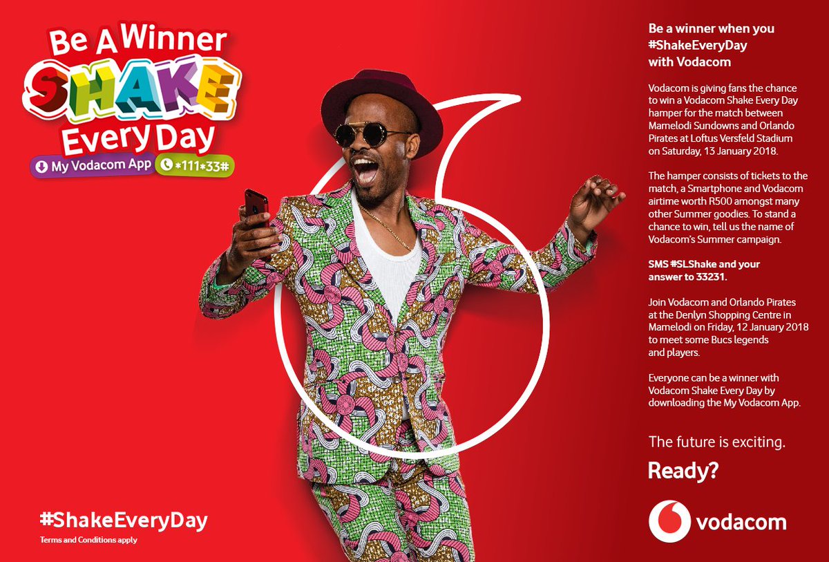 Soccer_Laduma's tweet photo. Want to win a #ShakeEveryDay hamper, which includes a smartphone, tickets to Sundowns vs Pirates and an Orlando Pirates shirt?
All you have to do is the name Vodacom’s summer campaign & follow the steps below!
Ts & Cs apply. Competition ends 12 January. #SLComp https://t.co/fdEpGJS0YC
