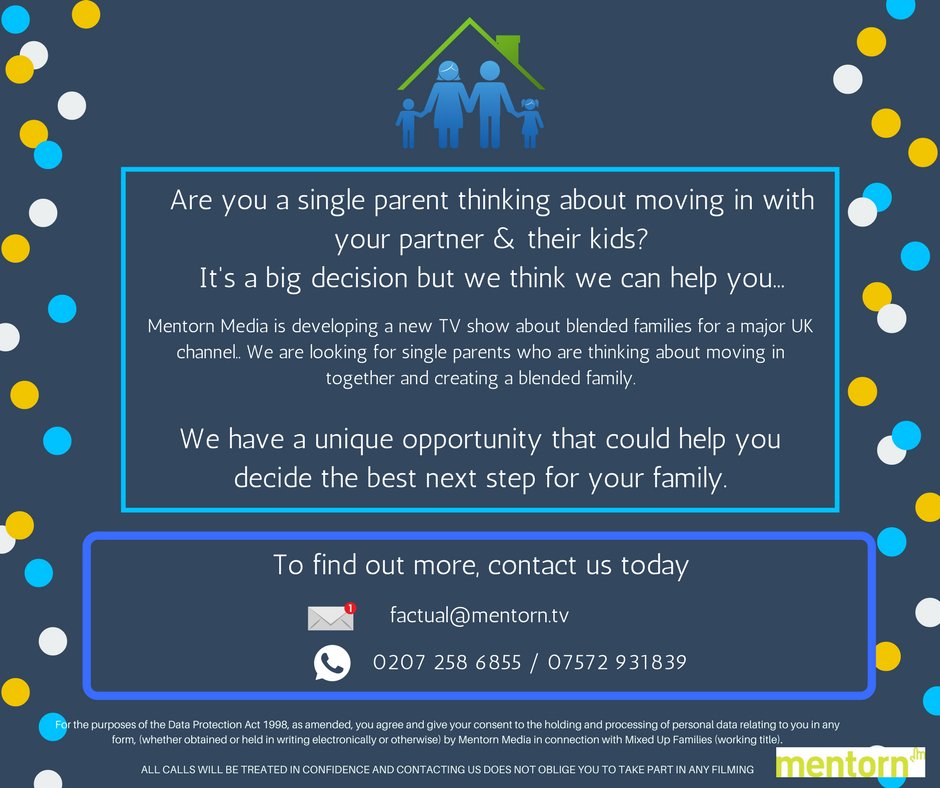 MentornCasting's tweet photo. #casting - Seeking #singleparents in the UK who are thinking of moving in with their OH and creating a brand new #modernfamily! Unique #TV opportunity showing real #familylife – Get in touch today for info! #tv #casting #parenting #singleparents #stepfamily #family #kids https://t.co/IZDNeQFl1L