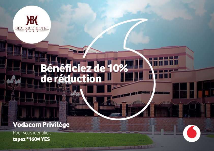 Vodacomcongo's tweet photo. Béatrice Hôtel vous offre une remise de 10% à chaque réservation. Une offre exclusive au Club Privilège de Vodacom. 
#VodacomPrivilege #ClubPrivilege #BeatriceHotel https://t.co/TMRuNe08YA