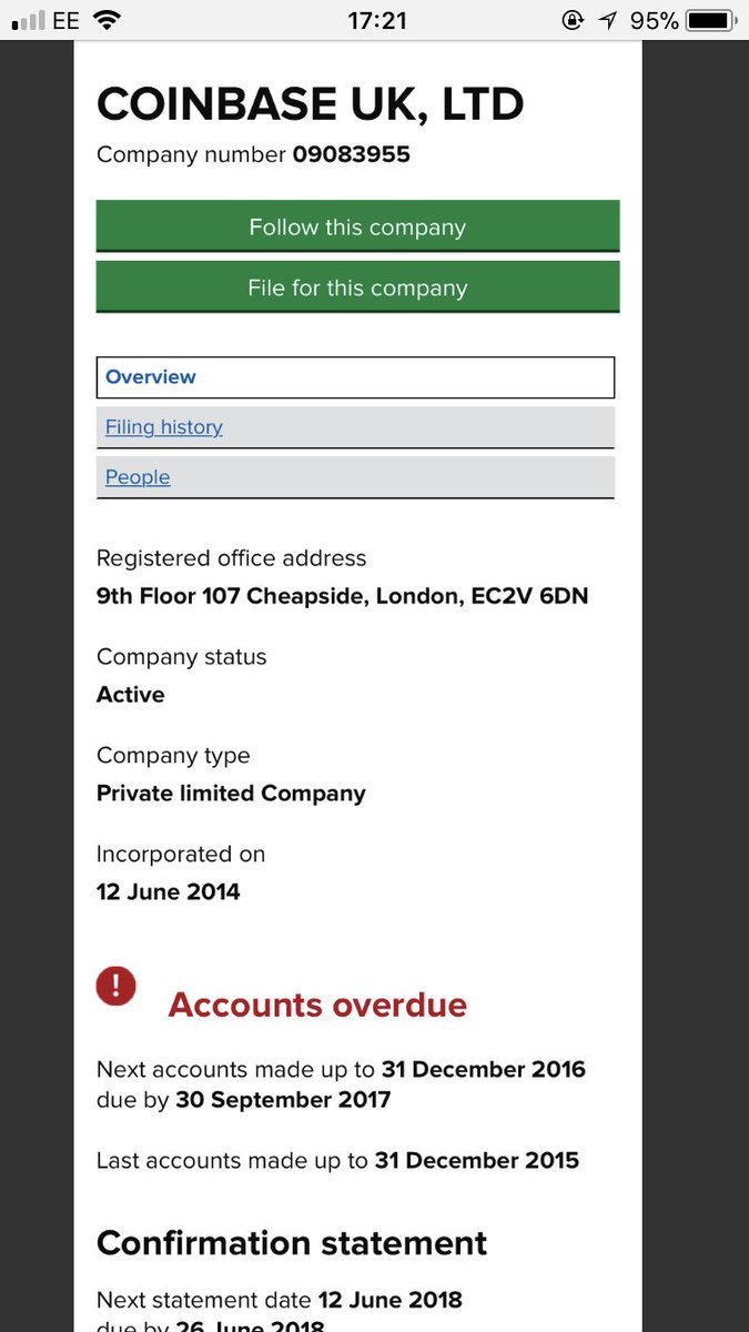 CheckMyCoins's tweet photo. So, @CompaniesHouse showing @coinbase UK’s accounts overdue. I’d be a bit more concerned if they didn’t charge such obscene fees but still a question to be answered...why are they late? @CoinbaseSupport $btc $eth $ltc #late #checkmycoins https://t.co/LdXzNHwWO6