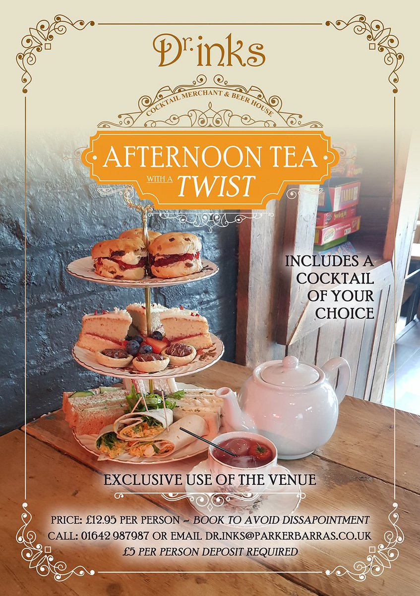 DrinksTS's tweet photo. Book your #afternoontea with a #twist today! Only £12.95 per person! #DrInksTS #RegentQuarterTS #StocktonOnTees #TS18 https://t.co/yaqEh6wjLw