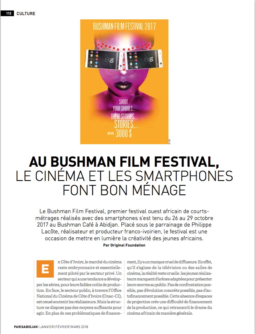 original_found's tweet photo. "Au @BushmanFilmFest, le #Cinéma et les #Smartphones font bon ménage" un article signé @original_found pour @ParisAbidjan qui résume la première édition du BFF qui s'est tenu du 26 au 29 octobre 2017 à #Abidjan #CIV 🇨🇮 https://t.co/Wi9morzV6Y https://t.co/KhNfHoZTo5