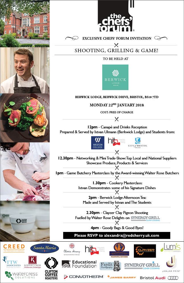 Calling Bristol Chefs! Not long now until our shooting event <a href="/BerwickLodge/">Berwick Lodge</a> on 22nd January - Places are going fast so please RSVP now to alexandra@redcherry.uk.com get your #grillon and #sureshot aim!