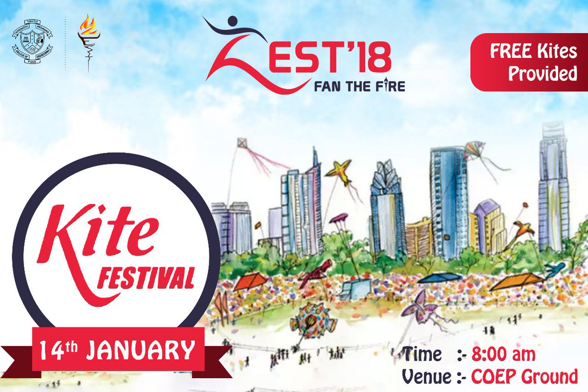 ZestCoep's tweet photo. COEP ZEST is back with another edition of Kite Festival. Kite Festival gives a chance to students to have a great time flying kites and enjoying with friends.
Venue: COEP Ground
Date: 14th January 2018
#ZEST18
#FanTheFire
#KiteFestival
#MakarSankranti https://t.co/4hAVNj71Zi