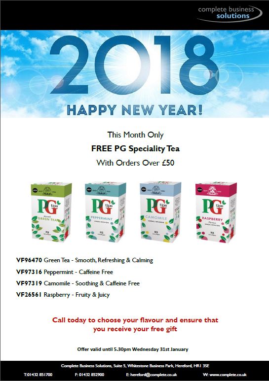 Completehfd's tweet photo. A healthy special offer for January! Limit the impact of Christmas with a choice of flavours of PG Speciality tea! Choose a flavour for FREE with every order over £50 this month :D https://t.co/JGm9UUeadk