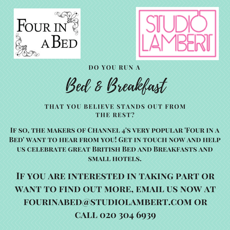 I'm casting for brilliant Bed &amp; Breakfasts around the UK. Please retweet and tag any great ones you've visited to get them to apply! Email fourinabed@studiolambert.com #beontv #bedandbreakfast #weekendgetaway #luxuryaccommodation #seaside #countryside #dreamgetaway