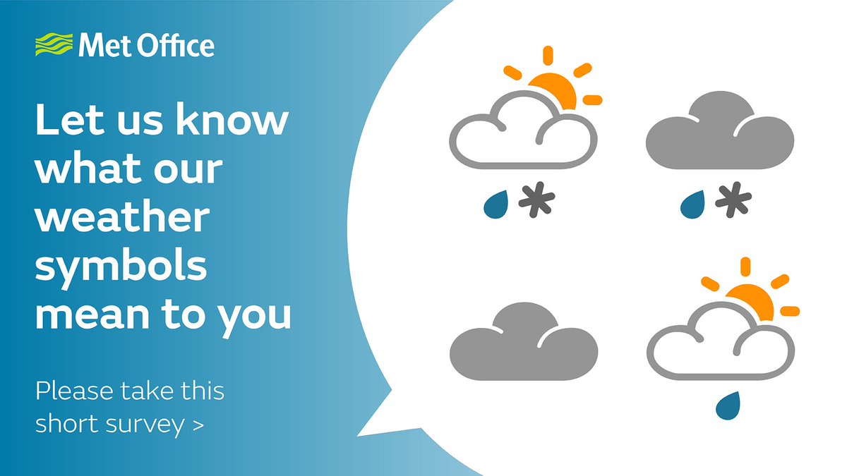 metoffice's tweet photo. Can you identify sleet from snow? Drizzle from mist? 🌨️⛈️☀️☁️ Help us understand how you interpret our weather symbols by completing our short survey https://t.co/g8bVsqG4DK https://t.co/JZ16LwJrQU
