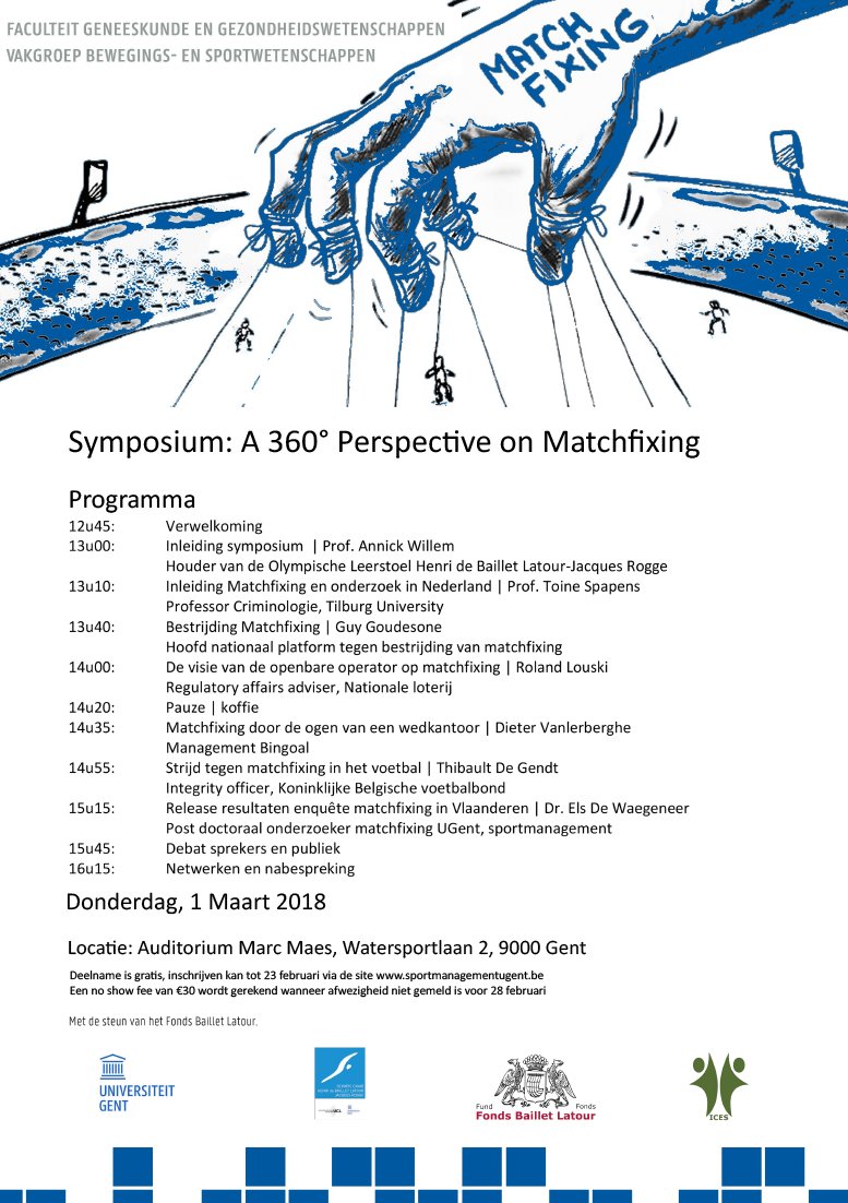 ugent's tweet photo. Matchfixing is één van de grootste gevaren in sport. Luister en debateer mee op 1 maart tijdens symposium 'A 360° perspective on Matchfixing'. Inschrijven via  https://t.co/VU79wO2J5M @UGent #matchfixing https://t.co/Fa6j1gQQYl