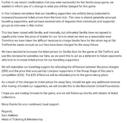 TotallyMUFC's tweet photo. Man Utd will subsidise the cost of Sevilla tickets and will recoup the money by charging their fans extra at Old Trafford 

Well done @ManUtd 👏🏻👏🏻👏🏻 https://t.co/FGjsoRQ9x1