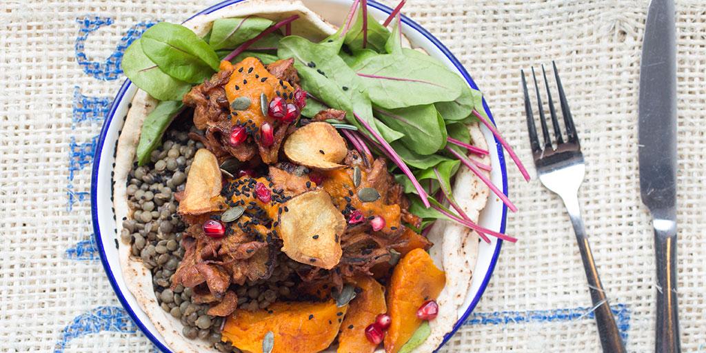 Aubergine Bhaji Salad with Roast Butternut Squash, Baby Red Chard Leaves, Black Puy Lentils, Pumpkin Seeds &amp; Jerusalem Artichokes. Happy Humpday! #SaladDays #Lunchtime