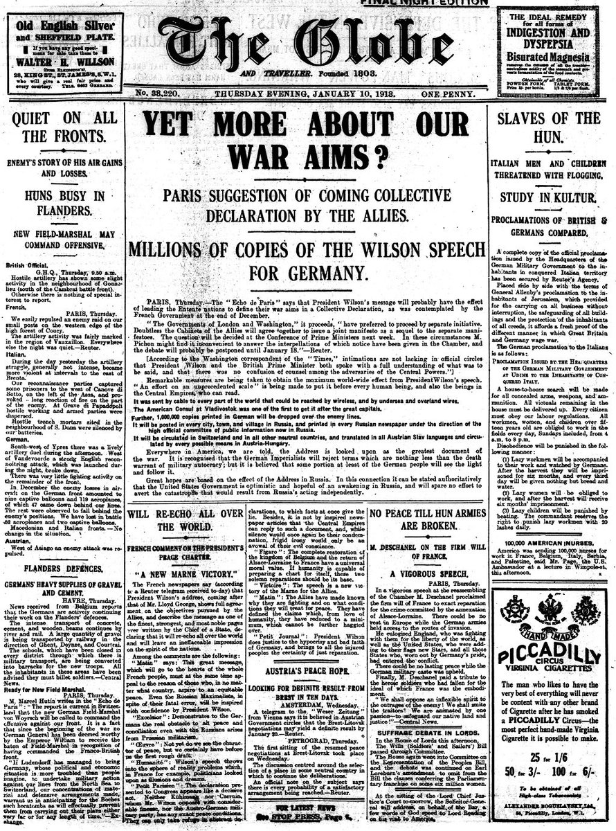 wilson s 14 points on The British Newspaper Archive On Twitter President Wilson S Fourteen Points Speech Which Outlined The Allies War Aims And Peace Terms Was Transmitted Across The World And Millions Of Copies Dropped In Germany