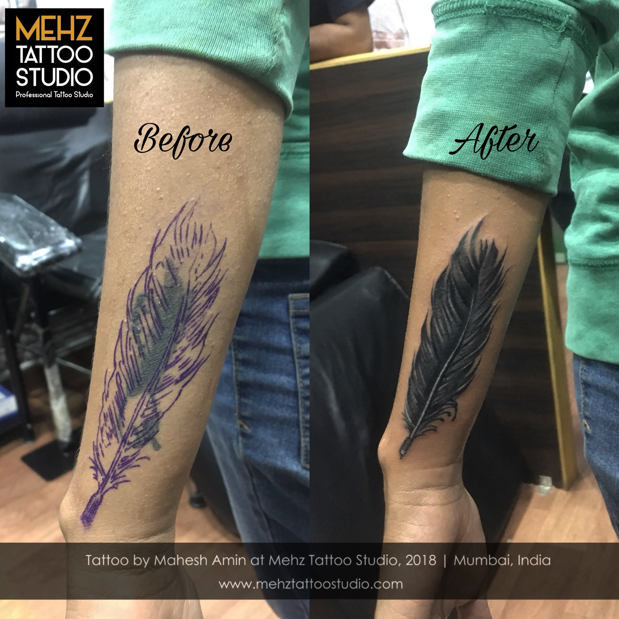cover up of an old name tattoo with an elegant feather tattoo design