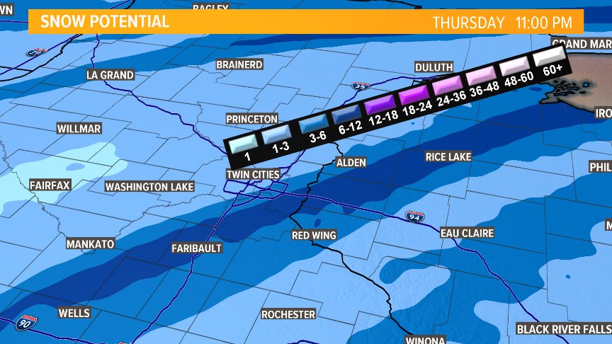 svensundgaard's tweet photo. The forecast question lies with a narrow heavy snow band that will set up early tomorrow: models starting to converge on track. Details on @kare11 sunrise! https://t.co/xoqXHWtwnq