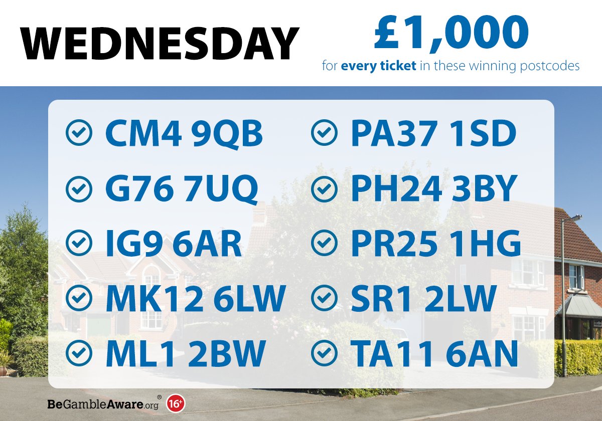 PostcodeLottery's tweet photo. It's a Wednesday windfall for these ten Β£1,000 #DailyPrize winning postcodes in #Stock, #Clarkston, #BuckhurstHill, #MiltonKeynes, #Motherwell, #Benderloch, #BoatOfGarten, #Leyland, #Sunderland & #CharltonMackrell!
https://t.co/D6kx0MQyHR https://t.co/MgzpLP3SkR
