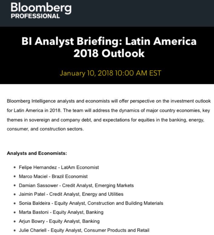 Brian Egger (@eggernomics) on Twitter photo Looking forward to today’s (Jan 10) 10am ET BI #LatinAmerica 2018 Outlook <a href="/TheTerminal/">Bloomberg Terminal</a> only | <a href="/dsassower/">Damian Sassower</a> <a href="/SoniaBaldeira/">Sonia Baldeira</a> <a href="/JSChariell/">Julie Chariell</a> et al on #economics #banks construction #consumer .. {SMNR 839433 <GO>} Looking forward to today’s (Jan 10) 10am ET BI #LatinAmerica 2018 Outlook <a href="/TheTerminal/">Bloomberg Terminal</a> only | <a href="/dsassower/">Damian Sassower</a> <a href="/SoniaBaldeira/">Sonia Baldeira</a> <a href="/JSChariell/">Julie Chariell</a> et al on #economics #banks construction #consumer .. {SMNR 839433 <GO>}