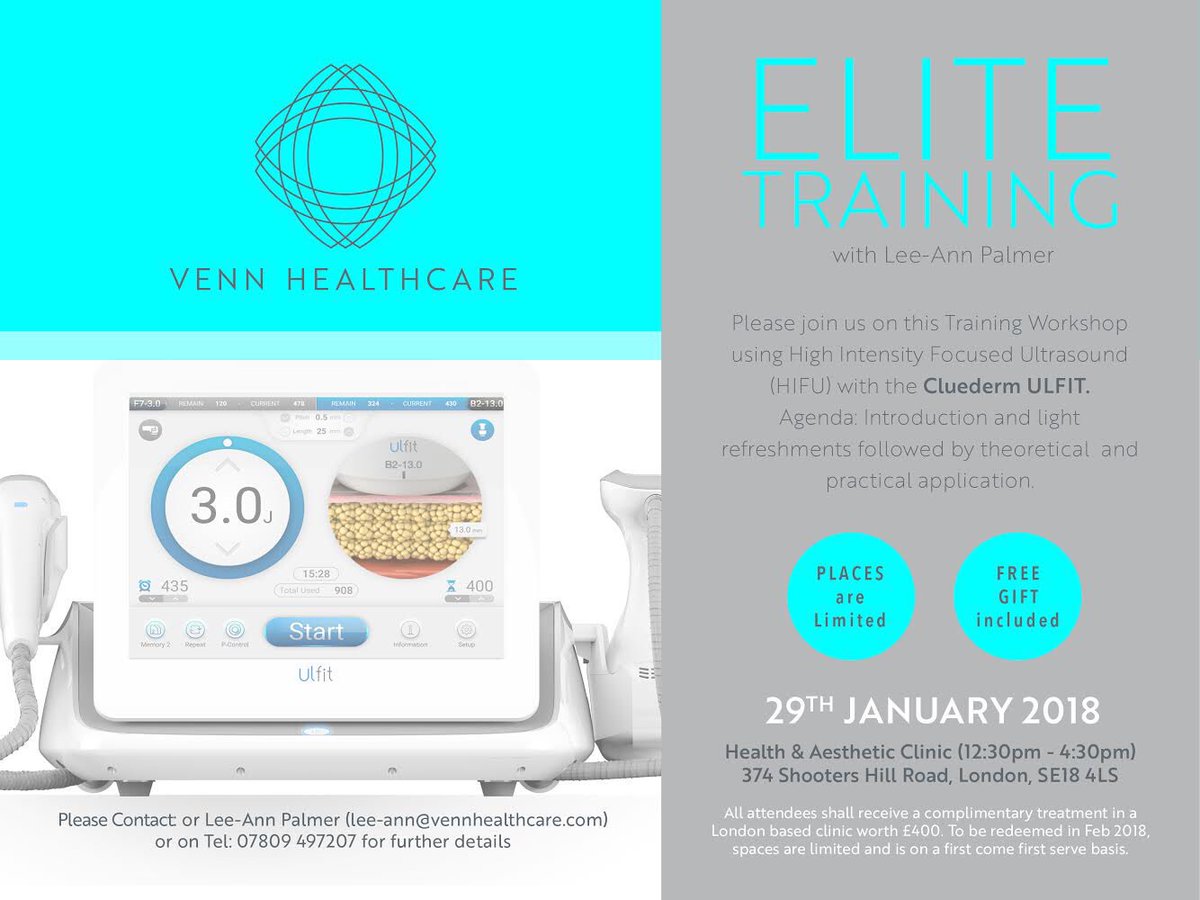 VennHealthcare's tweet photo. WORKSHOP
Join us for a HIFU training workshop 29th January. Using the Ulfit from Cluederm. Places limited contact us for places, includes a free gift!
#HIFU #Ulfit #aesthetics https://t.co/XO3KOHXxPN