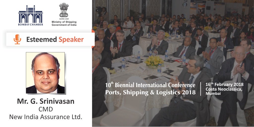 BombayChamber's tweet photo. We are grateful to have the participation of Mr. G. Srinivasan, CMD of India’s largest general insurer- New India Assurance Ltd ; who will bring his rich industry experience to our platform at #ShippingConference2018

More Info : https://t.co/09ThfuUt5j https://t.co/R9HhYEmG40