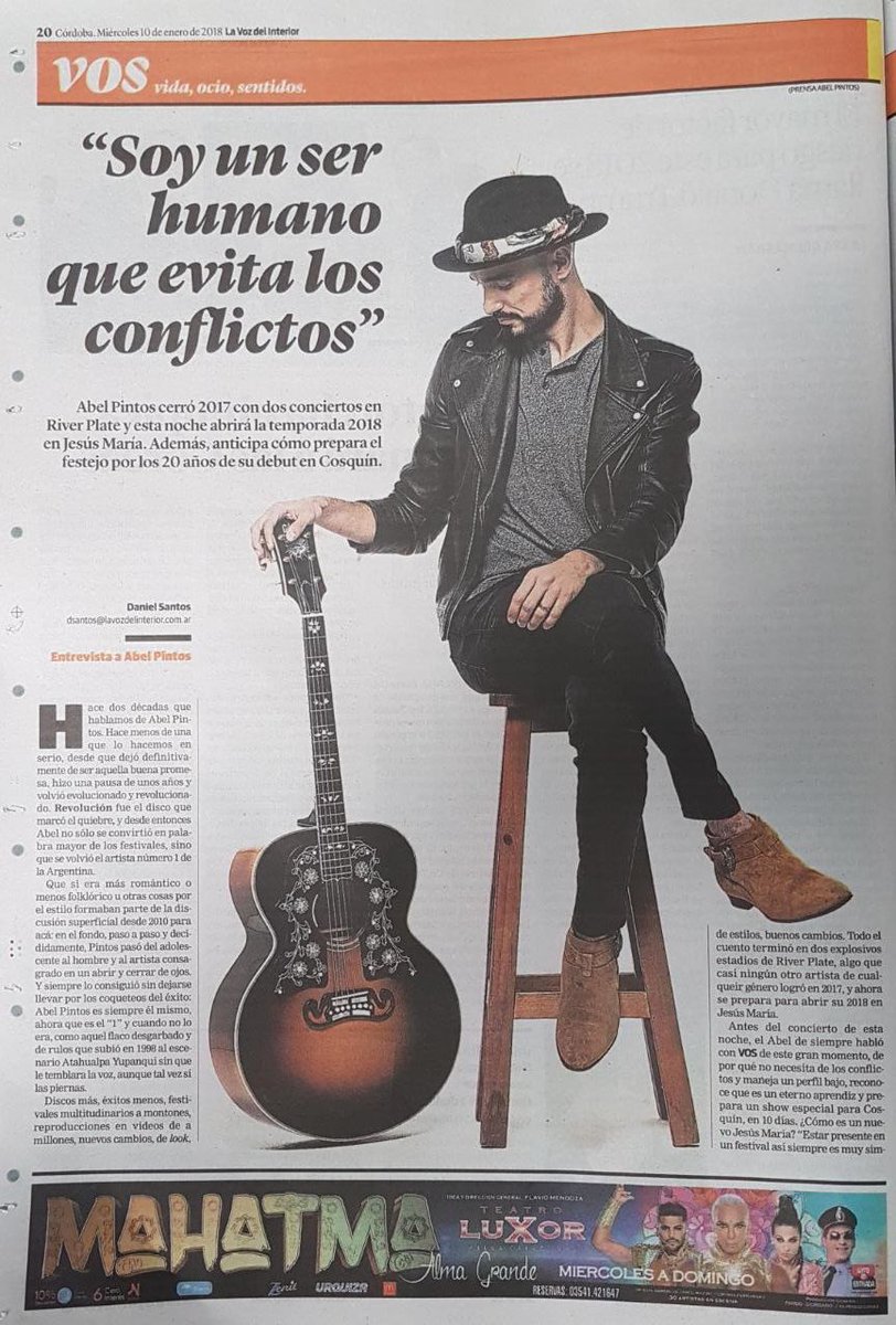 valenigonzalez's tweet photo. Hoy el gran @AbelPintos en la tapa de @LAVOZcomar , anticipando el concierto que brindará esta noche en el Festival de Jesús María! 🎶🎤🎉🌟 @FestivalJM @VOScomar https://t.co/424hiCSdUK
