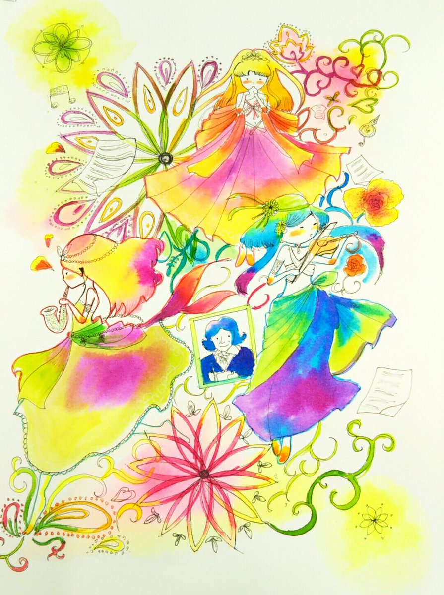 カラーインク Drマーチン で 楽器を演奏する女の子たち 絵描きさんとつなが きどり アートの原石展 前期のイラスト