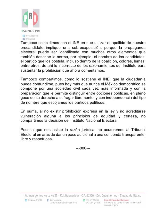 En el <a href="/PRI_Nacional/">PRI</a> dejamos en claro que no estamos de acuerdo con los criterios establecidos por el <a href="/INEMexico/">@INEMexico</a>, porque no hay ninguna prohibición jurídica al respecto.