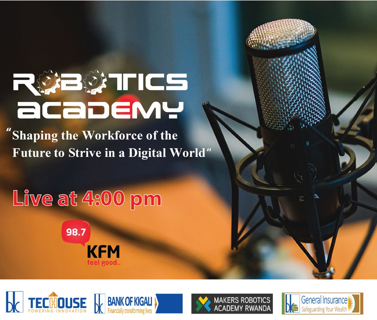BkTecHouse's tweet photo. #RwOT Tune in to @KFM987 at 4PM to learn more about our #RoboticsCampRw. CEO @Regis_Rugema will be live accompanied by @MIT facilitator &amp; 2 students who will be sharing their experiences. 
Excited to meet our hosts  @CineyAisha &amp; @rwabz250 for #EveningDrive Talk-show. DON'T MISS! https://t.co/kMSSw3NPwY