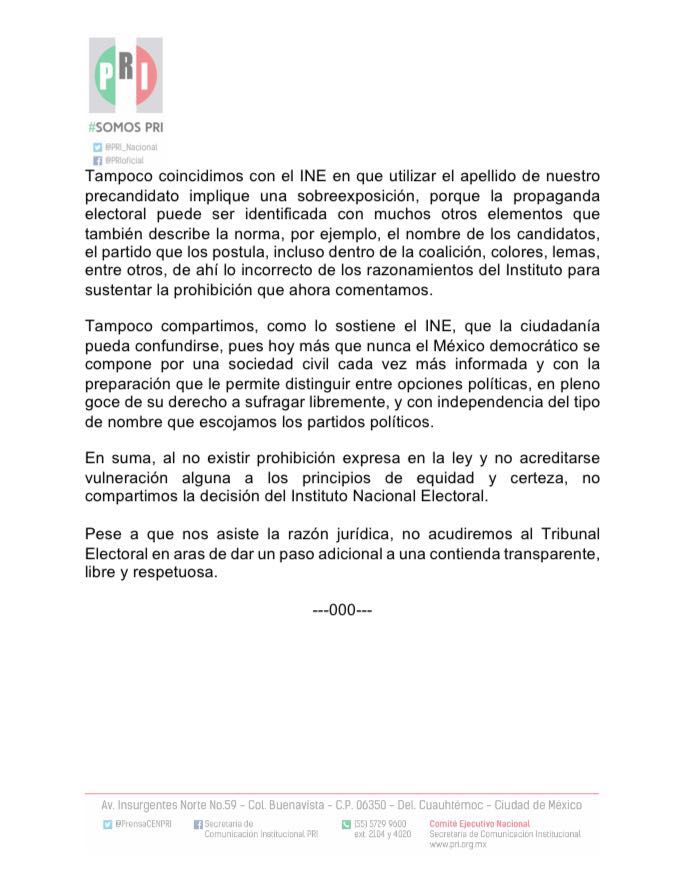 PRI_Nacional's tweet photo. El #PRI no impugnará ante el @TEPJF_informa la decisión del @INEMexico de instruir el cambio de nombre de la Coalición #MeadeCiudadanoPorMéxico, que integra nuestro Partido, el @partidoverdemex y @NuevaAlianza. https://t.co/4i9GQufFtO