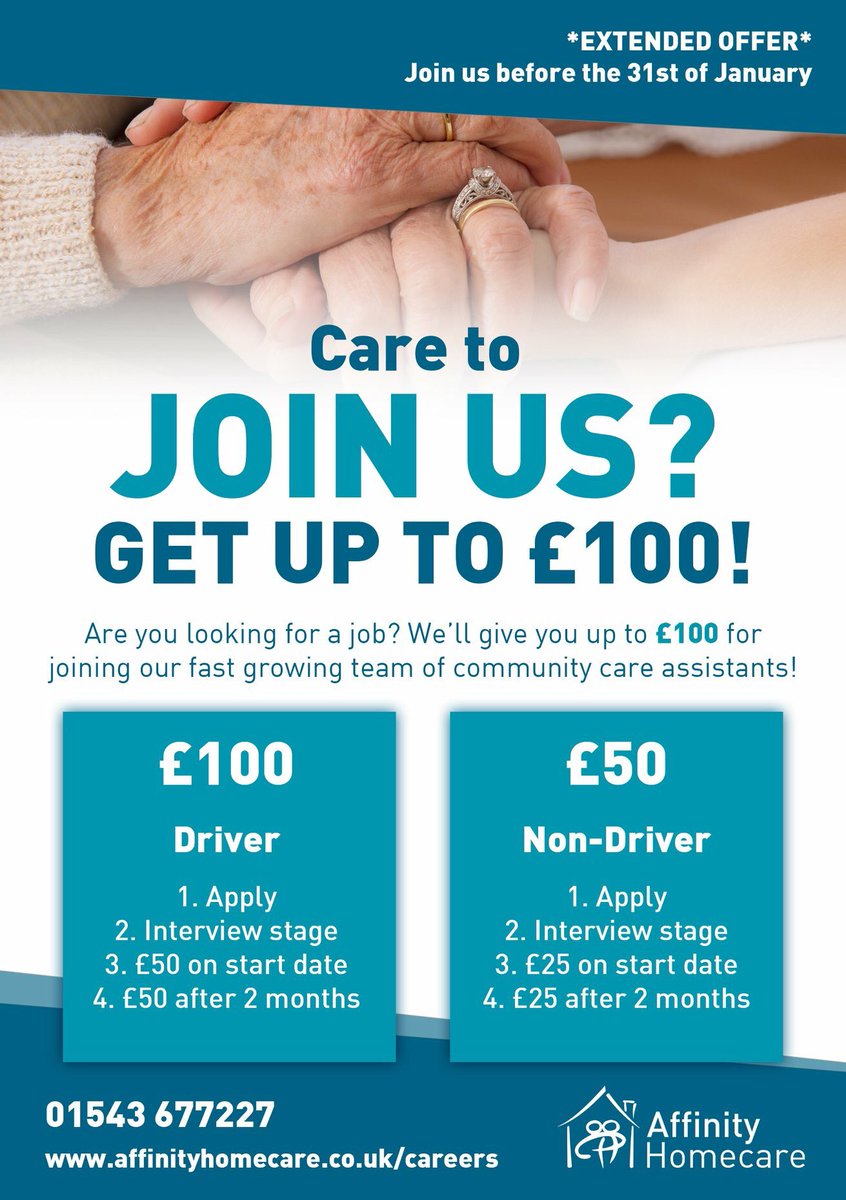 affinitycareltd's tweet photo. **EXTENDED OFFER**
We're extending our Cash Reward offer to all new staff starting with us before the 31st of January! 

We have immediate-start vacancies for Cheslyn Hay and Burntwood! Apply now at https://t.co/iGFcFaFGIF or call our office on 01543 677227 for any questions! 😁 https://t.co/BcVf7mLSxd
