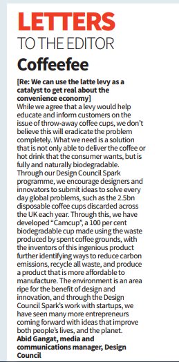 designcouncil's tweet photo. Our solution to the #LatteLevy is published in @CityAM!
Design Council Spark awardee 'Camcup' is the solution says @AbidGangat our Media and Communications Manager #Design #Coffee #Crisis #Coffeefee https://t.co/yY51u4QpDs