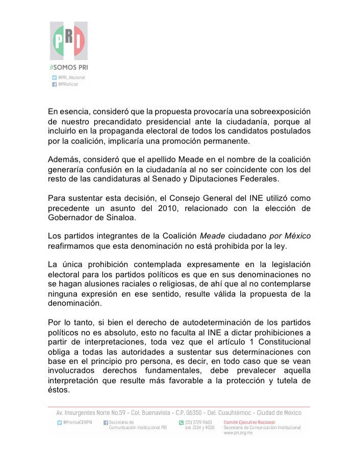 PRI_Nacional's tweet photo. La única prohibición contemplada expresamente en la legislación electoral para los partidos es que en sus denominaciones no se hagan alusiones raciales o religiosas, de ahí que al no contemplarse ninguna expresión en ese sentido, resulte válida la propuesta de denominación. https://t.co/rU2vUUfOul