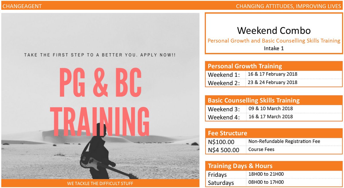 ChangeAgentBW's tweet photo. Compliments for the new year and may it be your best year yet!! 2018 shall ROCK!!!
Just a reminder for those interested in doing the Personal Growth and Basic Counselling Skills Training. More info and date to follow. https://t.co/HZqe7c6dt2