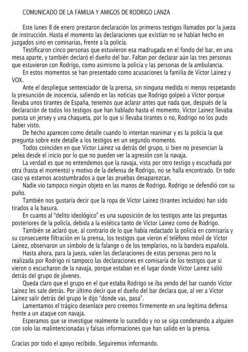 Comunicado de la familia y amigos de Rodrigo Lanza ante las declaraciones de diferentes testigos realizadas el pasado 8 de enero ante la jueza de instrucción. 
Ni tirantes con la bandera española, ni hostias!!!
Basta de manipulaciones!!! #RodriLibertad