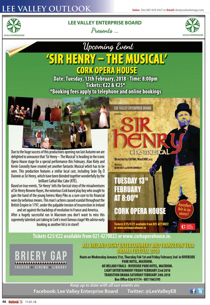 Don't forget to pick up your copy of the Lee Valley Outlook which is in shops tomorrow!😀

Full info on our upcoming performance of Sir Henry at <a href="/CorkOperaHouse/">Cork Opera House</a> is available on our page! #LeeValley