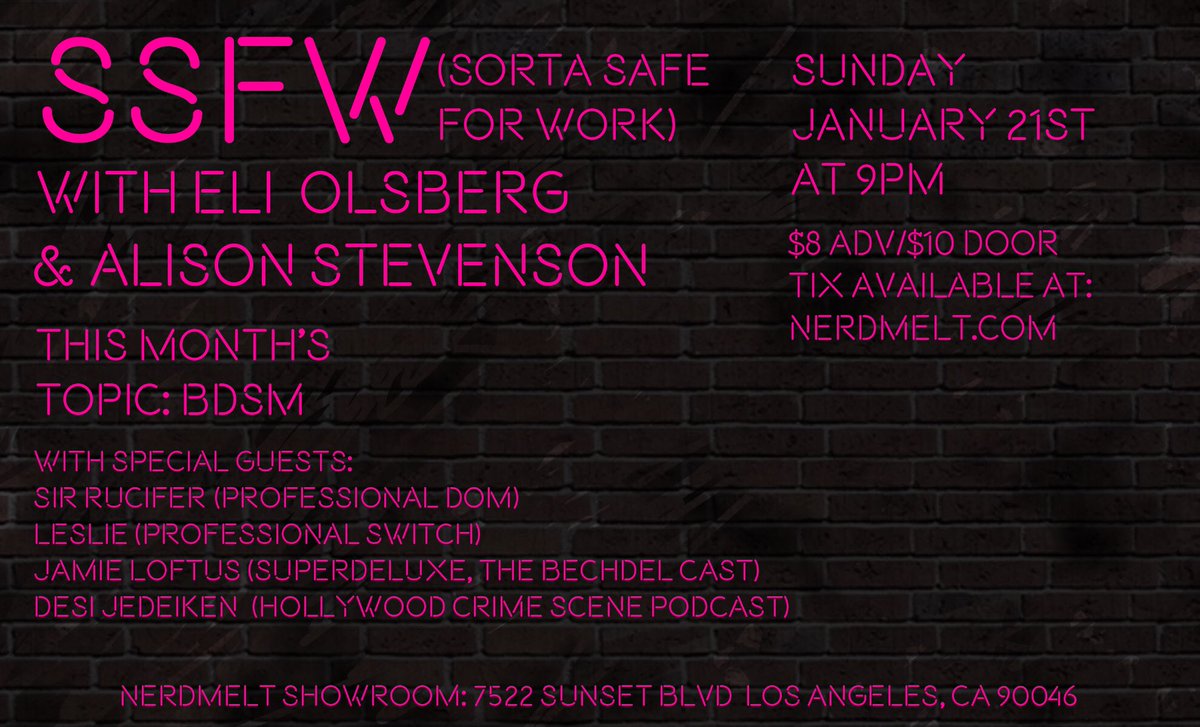 EliOlsberg's tweet image. Sunday, Jan 21st @ 9pm, come to @NerdMelt for a new talk show! @JustAboutGlad and I interview folks in the kink community! This month: @SirRucifer (Pro Dom/Educator), a Pro Switch + @DesiJed &amp;amp; @hamburgerphone gonna ask some Q's too! holdmyticket.com/event/303316
