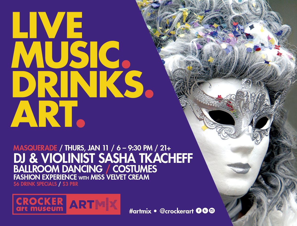 #ArtMix Masquerade has been hundreds of years in the making! Inspired by #MastersOfVenice (on view until 2/4/18), a night of mystery, magical light &amp; music awaits!
Th. 1/11/18
6 - 9:30 PM
21+ only!
FREE for any #CrockerMember
Just $10 for nonmembers!
TIX: bit.ly/AMmasq