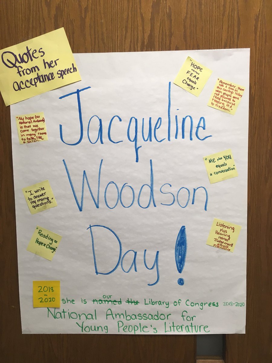 SallyDonnelly1's tweet photo. My classroom door the day after @JackieWoodson became the @librarycongress Ambassador for Young People’s Literature. https://t.co/fC2vggeiBO