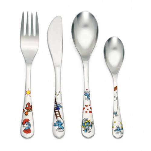 Barnbestickset's tweet image. Zilverstad barnbestickset Smurfarna 4-delar färg i presentförpackning. Presenttips: fri personifiera med namn gravyr i gaffel, kniv, sked och tesked (gratis gravyr): barnbestickset.se/sv/p/424/zilve…