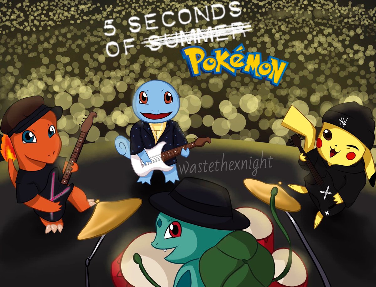 wastethexnight's tweet photo. 5 Seconds of Pokémon. 

bassist: charmander as calum hood.
guitarists: squirtle and pikachu as luke hemmings and michael clifford.
drummer: bulbasaur as ashton irwin. https://t.co/z7eDnkAyUP
