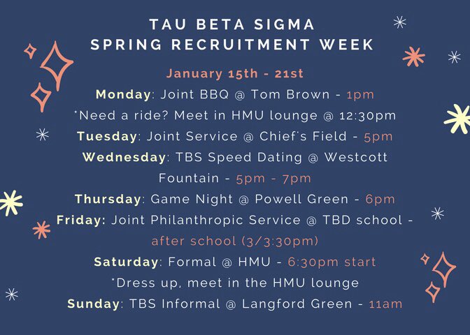 Woo Hoo!! Here is the full schedule for Spring Recruitment week. Can’t wait to see you all there!!