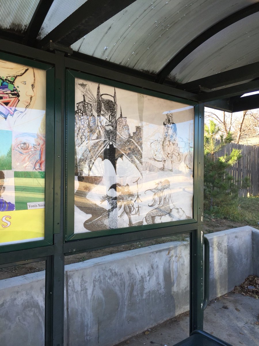 District4Denver's tweet photo. Congrats to @TJSpartans who were awarded a #PSYAH grant from@DenverArts! Community members completed the final portion of the artistic bus shelter by painting the titles for the retaining wall at our South by Southeast festival! https://t.co/6kZ9BHZHFV