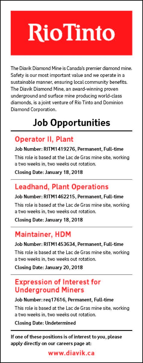 #Job opportunities at Diavik! Plant operator, Leadhand, and more. Apply online: riotinto.csod.com/ats/careersite… #nwt #nunavut #diamonds