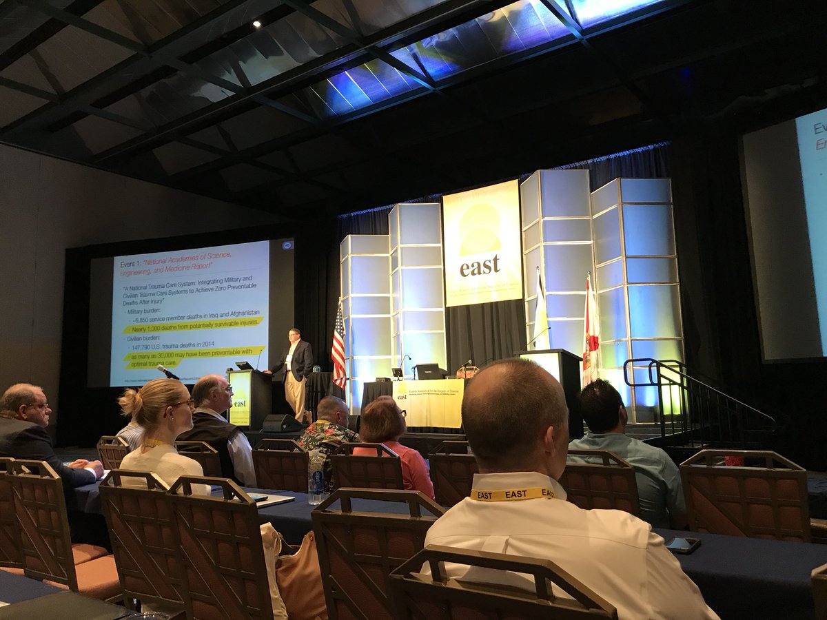 AdilHaiderMD's tweet photo. .@BruceCrookes quotes @xghashmi work in the @NASEM_Health landmark report that shows 1000βs of Americanβs die due to poor quality trauma care. Uses @EAST_TRAUMA Presidential address to reinforce call for #zeropreventable #traumadeaths #EAST2018 @ACSTrauma @traumadoctors #zptd https://t.co/bRaD33waJK