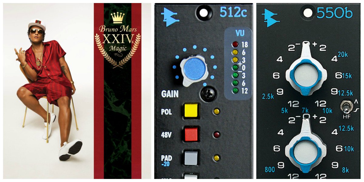 ThisIsAPIaudio's tweet photo. Bruno Mars' album 24k Magic, up for 4 Grammy awards including Album of the Year and Best R&amp;B Album, was tracked by Engineer Charles Moniz with API 512c mic pres and 550b EQs. Moniz will use API TranZformer Series guitar &amp; bass pedals for Bruno's live performance at the Grammys. https://t.co/f9b5F1n2gZ
