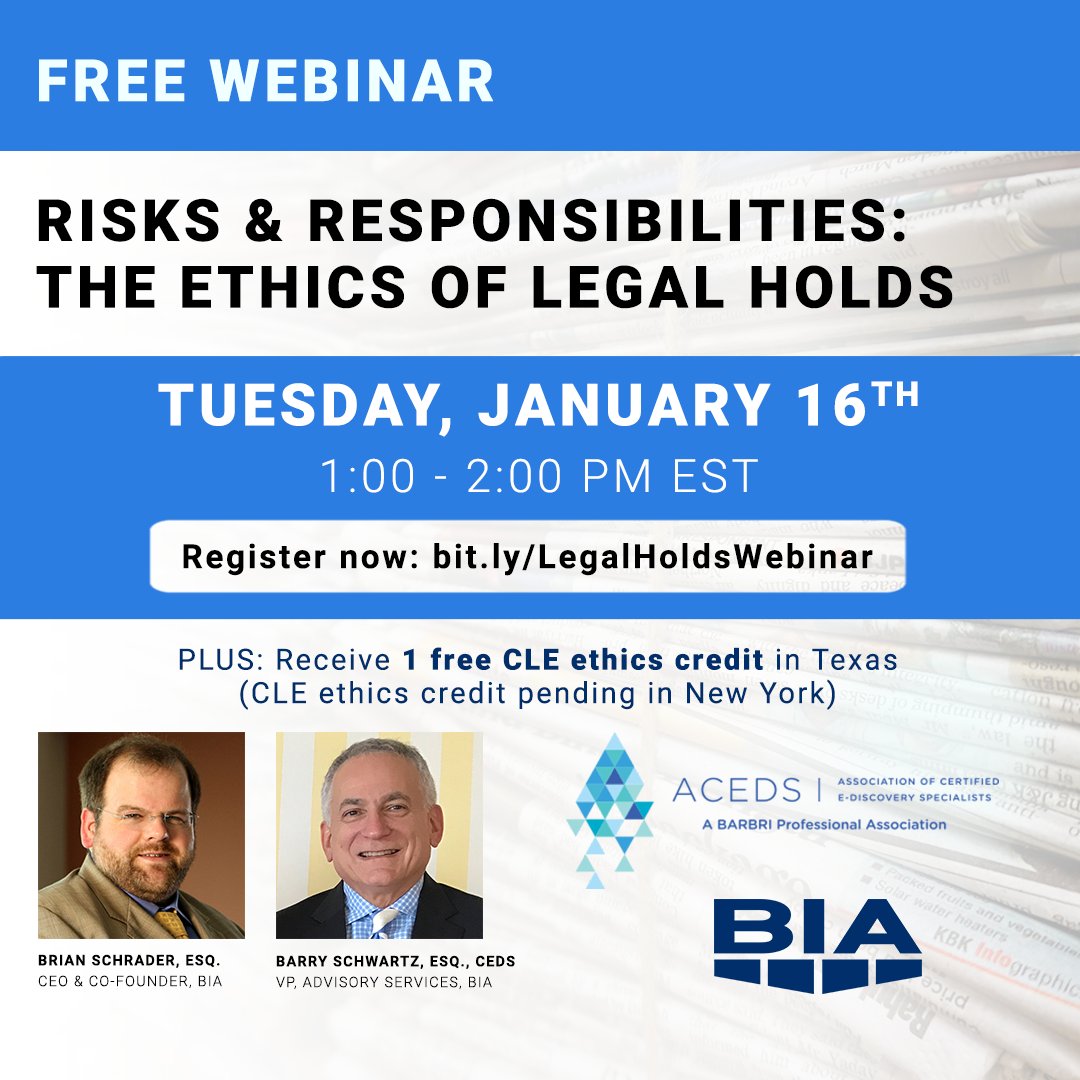 biaprotect's tweet photo. Be sure to tune in to our upcoming webinar on the Ethics of Legal Holds with @acedsonline Jan. 16! More info here: https://t.co/IskoSvdJtw https://t.co/qgbQe8ar0I