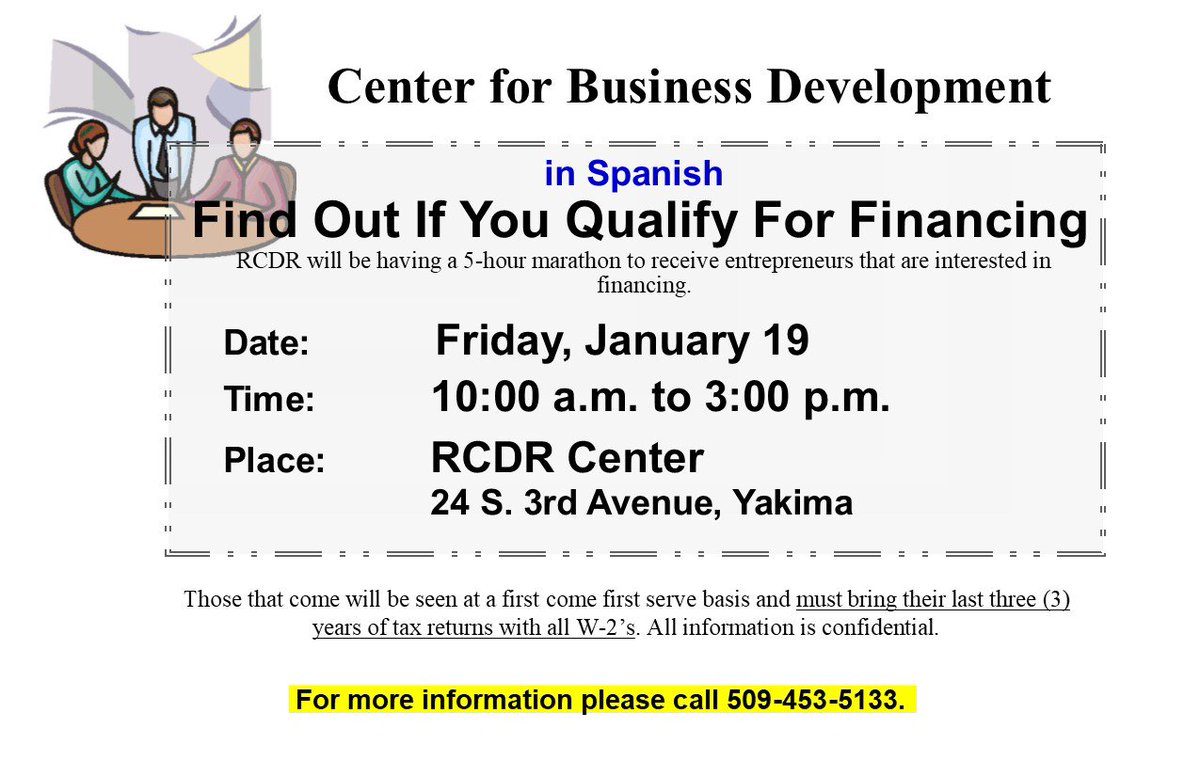 CenterforBusDev's tweet photo. NEED Financing to start you Business? Come to our "clinic" on January 19 from 10 am to 3 pm to find out if you qualify. Please bring only your tax returns for the last 3 years. See you then! https://t.co/PwZv8SN2l9