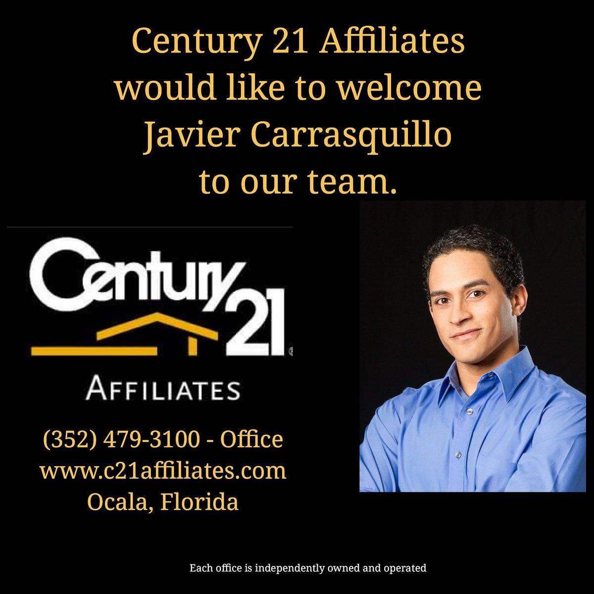 C21Affiliates's tweet photo. Century 21 Affiliates would like to welcome Javier Carrasquillo to our team. If you are looking to buy or sell property in the Ocala/Marion County area, give Javier a call! #century21 #realestate #realtor #ocala #marioncounty #c21 #florida #c21affiliates #soldstandard #ONE21 https://t.co/CXJzxlVL6O