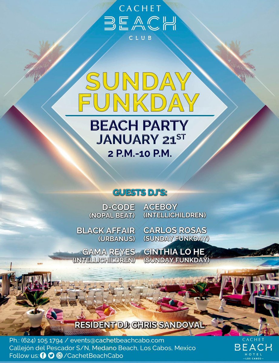 solracsasor's tweet photo. This is it, full line-up for our monthly party @MedanoBeachCabo at the beautiful venue #cachetbeachclub, the talent on this edition of #SundayFunkDay will be:
@solracsasor a.k.a #CarlosRosas 
@cinthialohe 
#Aceboy
#Gamareyes
#D-Code
#BlackAffair
#djlife #housemusic #techno #djset https://t.co/NkzyZs8XhE