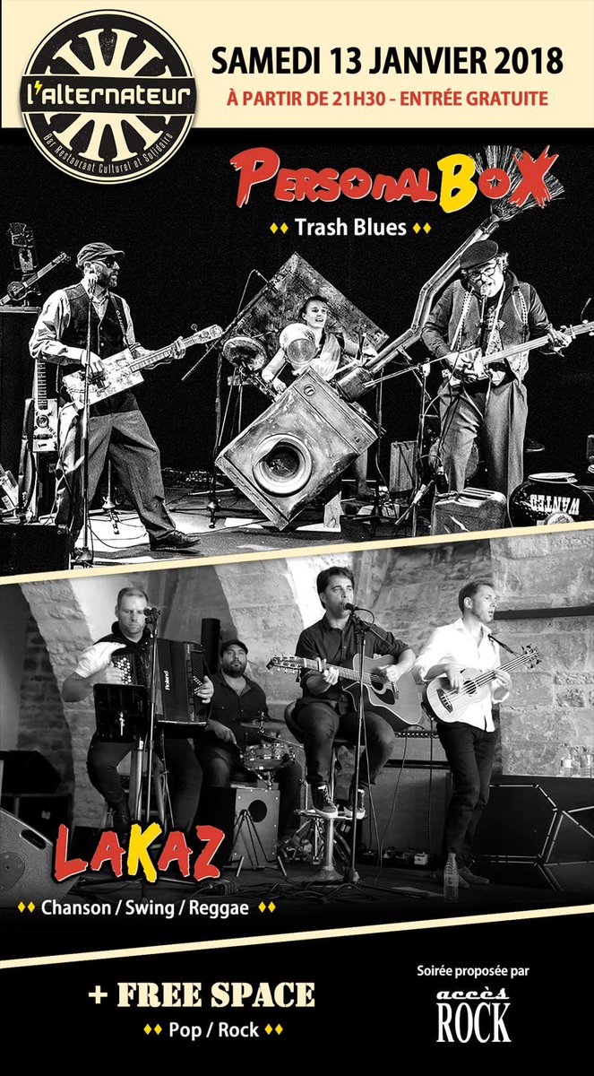 Accès Rock démarre fort l'année avec 3 groupes en concert dès samedi à <a href="/lalternateur/">L'Alternateur</a> : Freespace, Lakaz et Personal Box. C'est gratuit et c'est à #Niort
